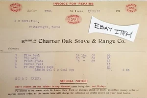 1913 St. Louis, Missouri CHARTER OAK OVEN & RANGE billhead F.C. CHRISTENSEN TX. - Bild 1 von 1
