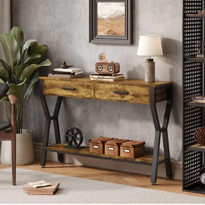 Narrow Console Table, Small Entryway Table With Shelf And Metal Frame 2 Drawers - Image 1 of 4