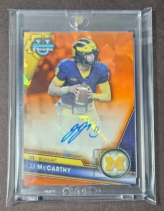 2023 Bowman Chrome University Sapphire Football JJ McCarthy Orange Auto 3/25