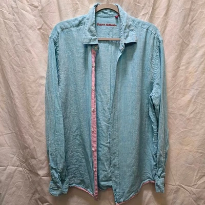 Report Collection Mens Linen Shirt Blue Pink Trim Long Sleeve Large Flip Cuff - Image 1 of 4