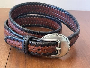 Vintage 93’ Western Belt Black Leather Woven Mens 34”-36” Silver Tone Buckle - Picture 1 of 12