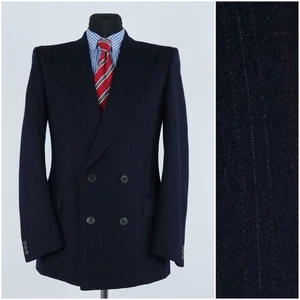 Mens Vintage Double Breasted Blazer 38R UK Striped Blue Wool Sport Coat Jacket - Picture 1 of 11