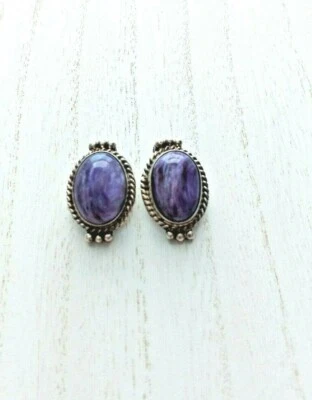 Серьги из чистого серебра с чароитом фиолетовый зажим с подписью юго-западный ремесленник - Изображение 1 из 4