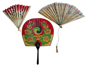 3 ~ VINTAGE Asian Colorful Hand Fans 1 with Handle 2 Folding - Picture 1 of 2