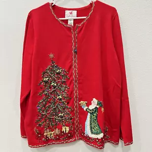 QUACKER FACTORY CHRISTMAS TREE GRANNY CORE SWEATER EMBROIDERED SANTA CORE RED LG - Picture 1 of 17
