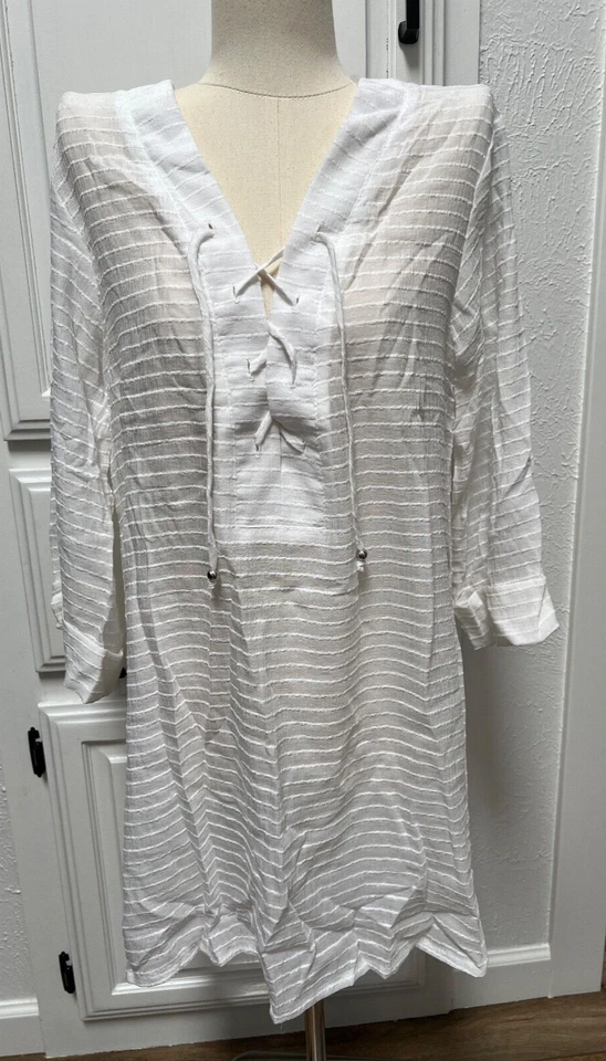 Anthropologie J.Valdi Santa Barbara White Sheer Lace-Up Cover-Up Tunic Top Sz L