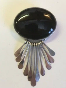Sterling Silver Black Stone Pin Brooch w/ Silver Dangles- Made in Mexico - Picture 1 of 4