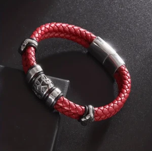 Men’s RED Leather Braided Bracelet w/ Silver Charm 8.66" Jewelry Accessories NEW - Picture 1 of 4