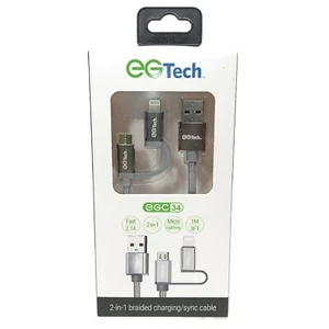 EG Tech 2-in-1 Charging Sync Cable Gray Braided 3 ft 2.1A USB Micro-USB Lighting - Picture 1 of 3