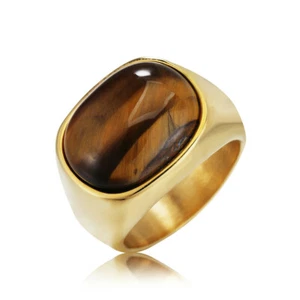 Men's Vintage Stainless Steel Oval Tiger Eye Stone Patterned Ring Band Size 7-13 - Picture 1 of 7