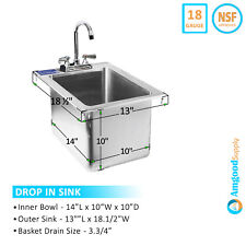 Stainless Steel Drop Sink - 1 Compartment Drop in Sink 10"x14"x10" Nsf | Kitchen
