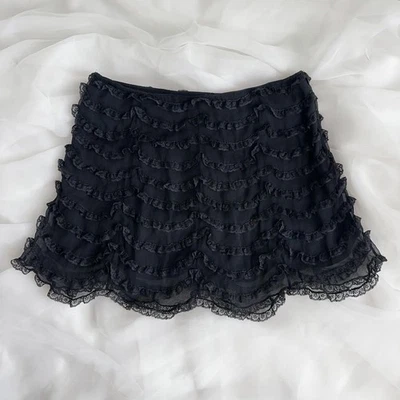 Vintage Betsey Johnson Black Silk Lace Trim Tiered Mini Skirt - Image 1 of 4