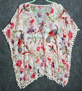 Z&L Anthropologie Floral Beach Cover Up OS Tunika Top Kimono Ärmel Vögel Quaste - Bild 1 von 11