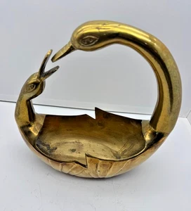 Vintage Solid Brass Double Swan Planter Vase Basket MCM Art Deco Regency - Picture 1 of 9