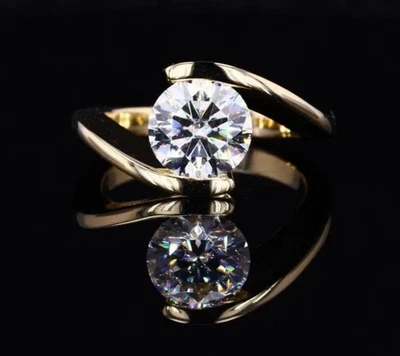 2.00 Ct Round Brilliant Cut White Diamond Ring Yellow Finish 925 Silver Foto 1 de 4