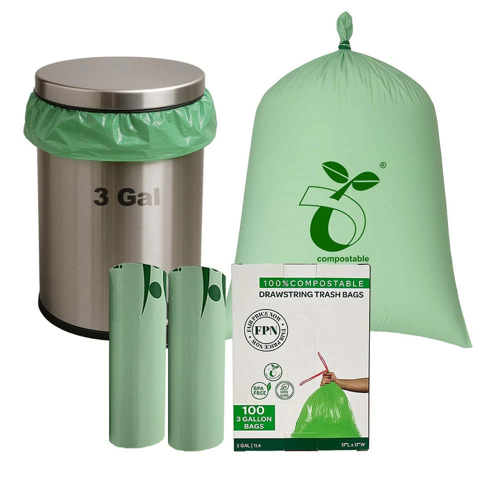 FPN Trash Bags 3 Gallon 100 CT 0.67 Mil Compostable Garbage Bag with Handle Tie - Image 1 of 4