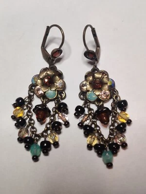 Michal Negrin Dangling Chains Earrings Flower Teardrop Swarovski Crystals Dangle - Image 1 of 4