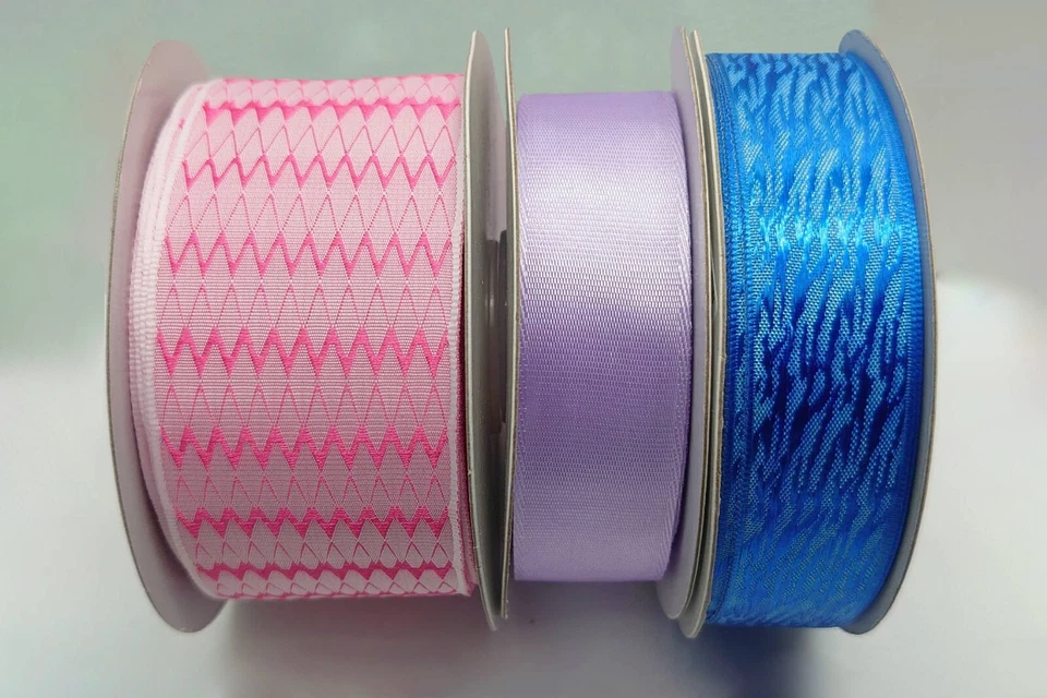 Valentines Day Sale 1.5"+7/8"+3/8" 25Yd Pink Herringbone & Blue woven Ribbon Set - Image 1 of 1