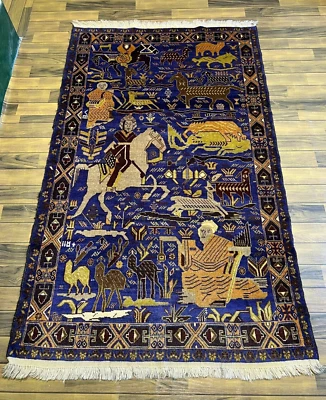 Alfombra ilustrada afgana rara 4x6 - Alfombra escena caza jinete - oriental vintage Foto 1 de 4
