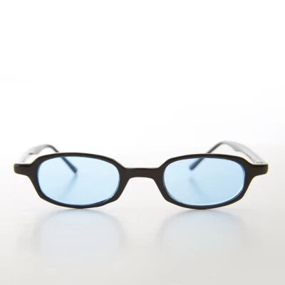 Micro Rectangle Black Sunglasses with Blue Lenses - Summers - Image 1 of 3