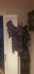 100% SILK BLUE MULTI COLOR ONE SHOULDER DRESS S - Picture 1 of 8