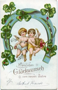 Cartolina litografica Capodanno auguri, angelo, cornucopia, ferro di cavallo, maiale, trifoglio 1904 - Foto 1 di 1