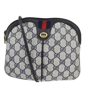 GUCCI Logos Sherry GG Pattern Shoulder Bag PVC Leather Navy Blue Gold 67MQ226