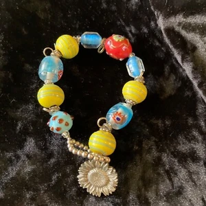 1992 Vintage Danforth Pewter Art Glass Beads Charm Bracelet Blue Yellow Red 7" - Picture 1 of 7