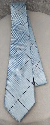Men BLUE PLAID Wedding Necktie Groomsmen LIGHT BLUE w/ DARK LINES Woven Silk Tie - Image 1 of 4