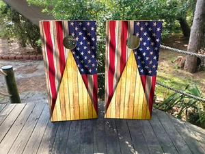 WASSERDICHT & AUSBLEICHFEST Cornhole Board Wraps / Golden Wood USA Flagge - Bild 1 von 9