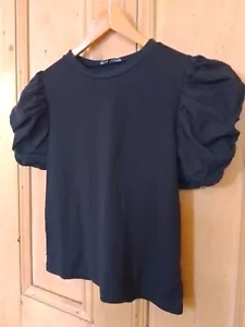 Zara Sz S Dramatic Puff Sleeve T-Shirt Top Black Elevated Basic Romantic Gothic - Picture 1 of 11