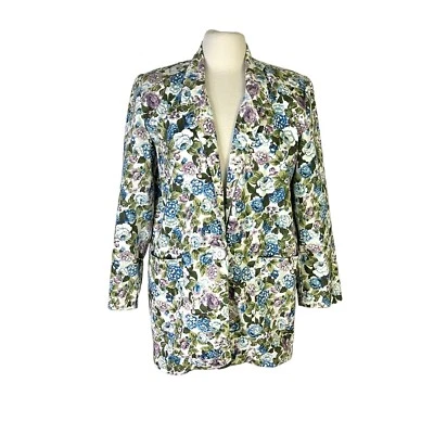 复古 80 年代 90 年代 IVY 奶奶蓝色花卉印花斜纹西装外套夹克,尺寸 M — 第 1/4 张图片