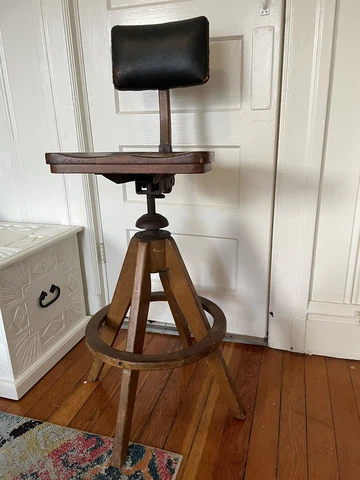 Antique Drafting Stool Chair - Hard Wood And Leather Cover