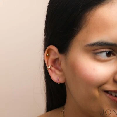 14K Gold Hoop Earrings Available in Blue Sapphire Ruby Emerald And Pink Sapphire - Image 1 of 4