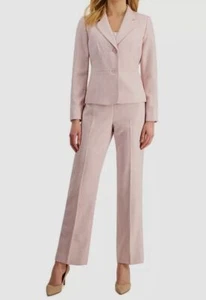 Le Suit Women's Pink Herringbone Notch Collar 2-Piece Pantsuit Size 10 - Picture 1 of 3