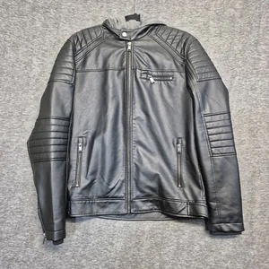 GUESS Jacket Mens Medium Black Leather Faux Moto Biker Grunge - Picture 1 of 9