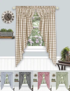 Farmhouse Plaid Gingham Check Swag Valance Curtain Panel Pair - Assorted Colors - Picture 1 of 16