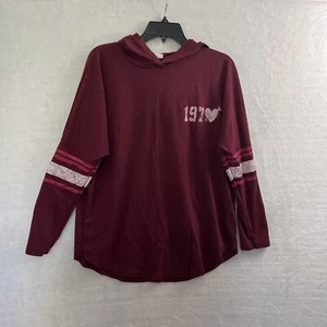 About A Girl Sweater Top Womans Medium Geometric Burgundy Long Sleeve Hood - Picture 1 of 9