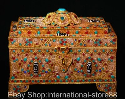 Caja del tesoro con incrustaciones de plata dorada de 10,4" antigua China patrón de flores Tianzhu Dzi Foto 1 de 4