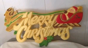 Vintage Kunststoffschild Frohe Weihnachten mit Weihnachtsschlitten & Rentier Retro MCM Urlaub - Bild 1 von 4