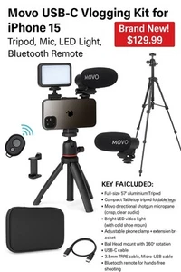 Movo Kit Vlogging USB-C pour iPhone 15 - Trépied, Micro, Lumière LED, Télécommande Bluetooth - Photo 1 sur 4