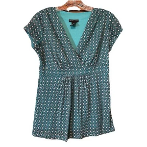 Vtg New York & Co Babydoll Top Medium green teal pattern Y2K Medallion 90s Fairy - Picture 1 of 6