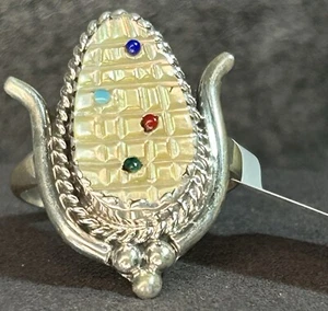 Zuni Inlay Indian Ear Corn Rare White Turquoise Sterling Ring Signed Etsate Sz 9 - Picture 1 of 3