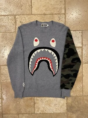 Bape Shark WGM Grey / Green Camo Wool Knit Sweater size Medium - Image 1 of 4