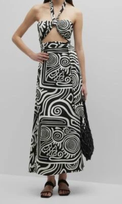 $595 Mara Hoffman Women's Black Paula Halter Two-Tone Midi Wrap Dress Size 0 Foto 1 de 4