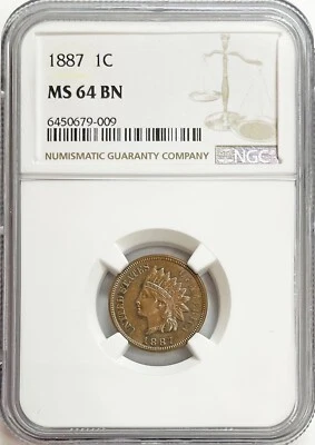 1887 US INDIAN HEAD CENT COIN NGC MINT STATE 64 BROWN - Image 1 of 2