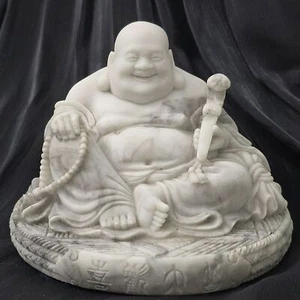 Antigua estatuilla vintage de piedra de mármol tallada a mano de Buda riendo - Imagen 1 de 8