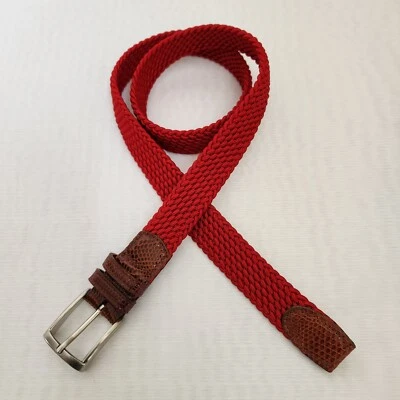 Belt Mens 36 Red Braided Stretch Leather Snake Tab Solid Silver Brass Buckle - Image 1 of 4