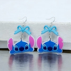 Stitch Face Acrylic Plastic Resins Dangle Earrings With Bow Accents - Picture 1 of 5
