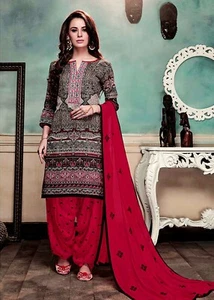 BLACK COTTON PRINTED EMBR INDIAN READYMADE PATIALA SALWAR KAMEEZ SUIT LADIES DEN - Picture 1 of 3